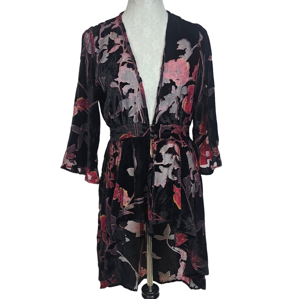 Angie Kimono Duster Black Floral Velvet Burnout High Low Boho‎ Festival Small
